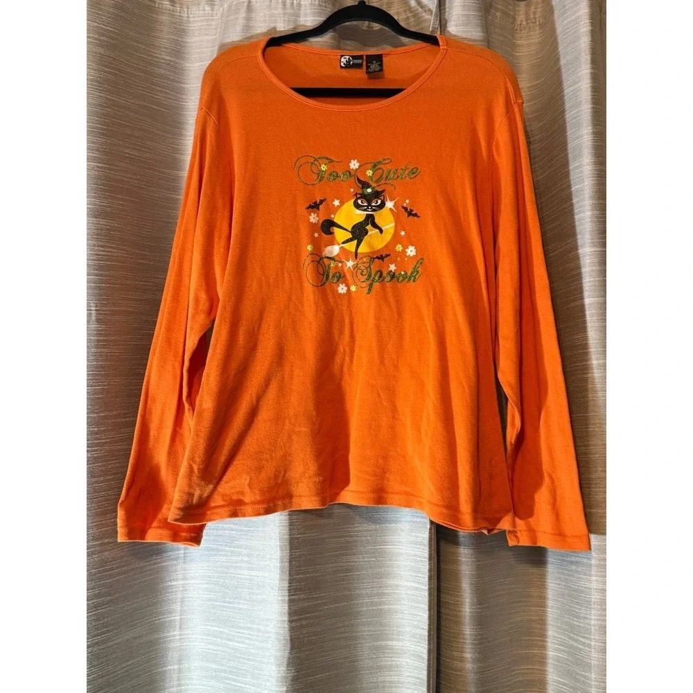 90s VTG Holiday Editions Halloween Long Sleeve T Orange Black Cat Graphic Sz 1X